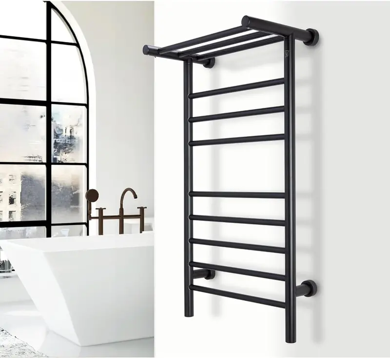 11-Bar Black Heated Towel Rack With Integrated Shelf – Wall-Mounted Electric Warmer 1
