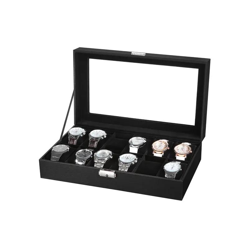 12-Slot Elegant Watch Box – Black Faux Leather With Velvet-Padded Compartments And Transparent Glass Cover 1