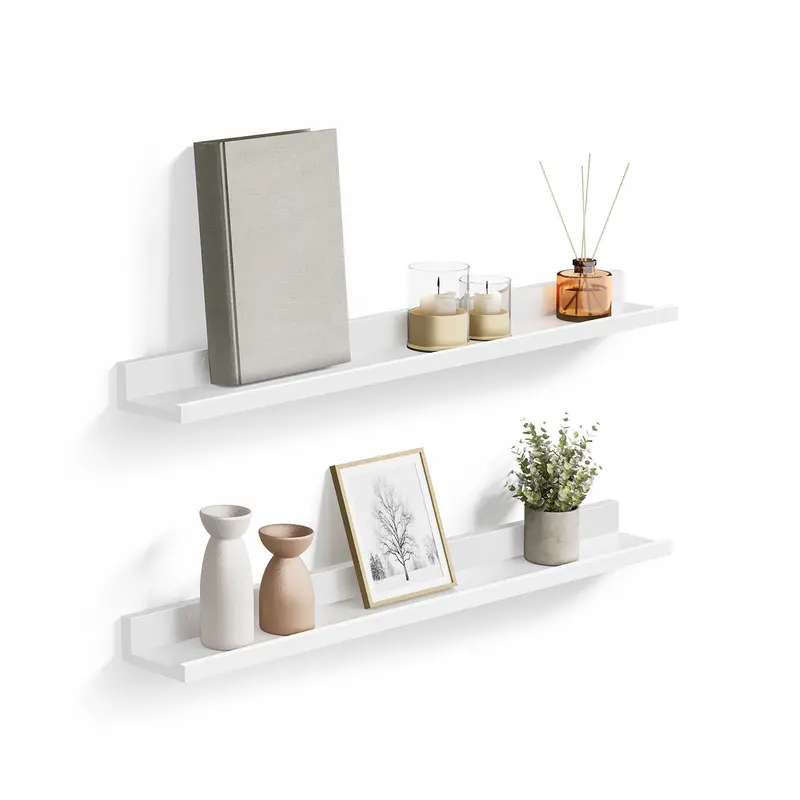 2-Piece Matte White Floating Wall Shelf Set – Natural Wood Grain Mdf With Front-Edge Display Trim 1