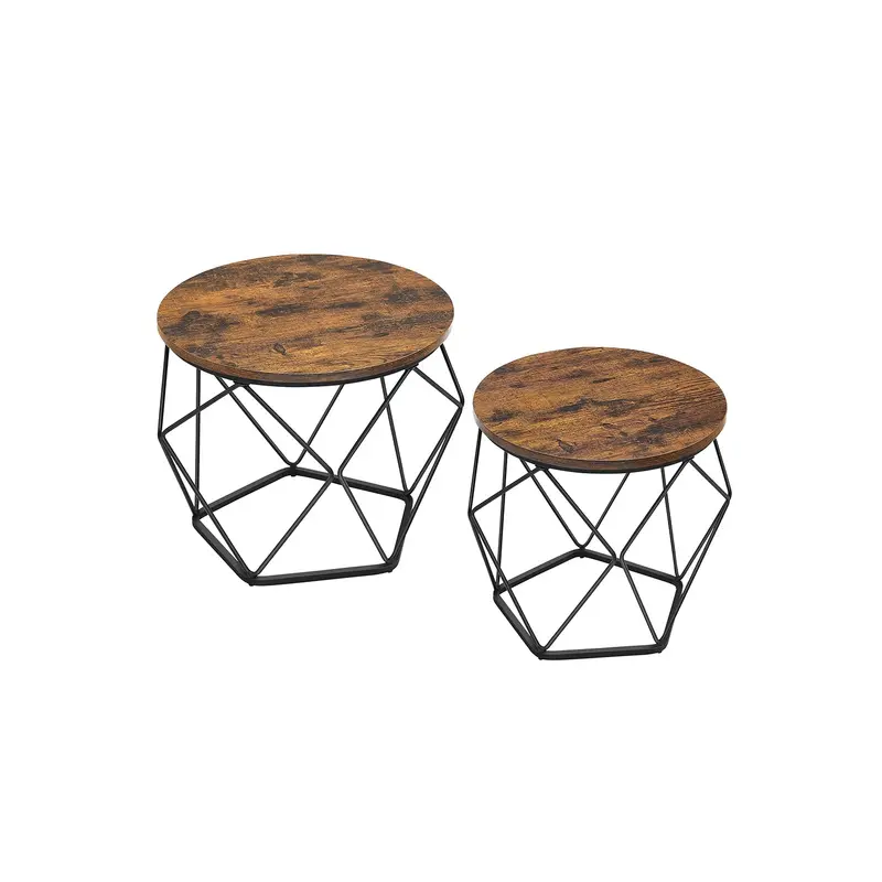 2-Piece Rustic-Inspired Round Coffee Table Set – Steel Frame In Brown & Black For Versatile Living Spaces 1