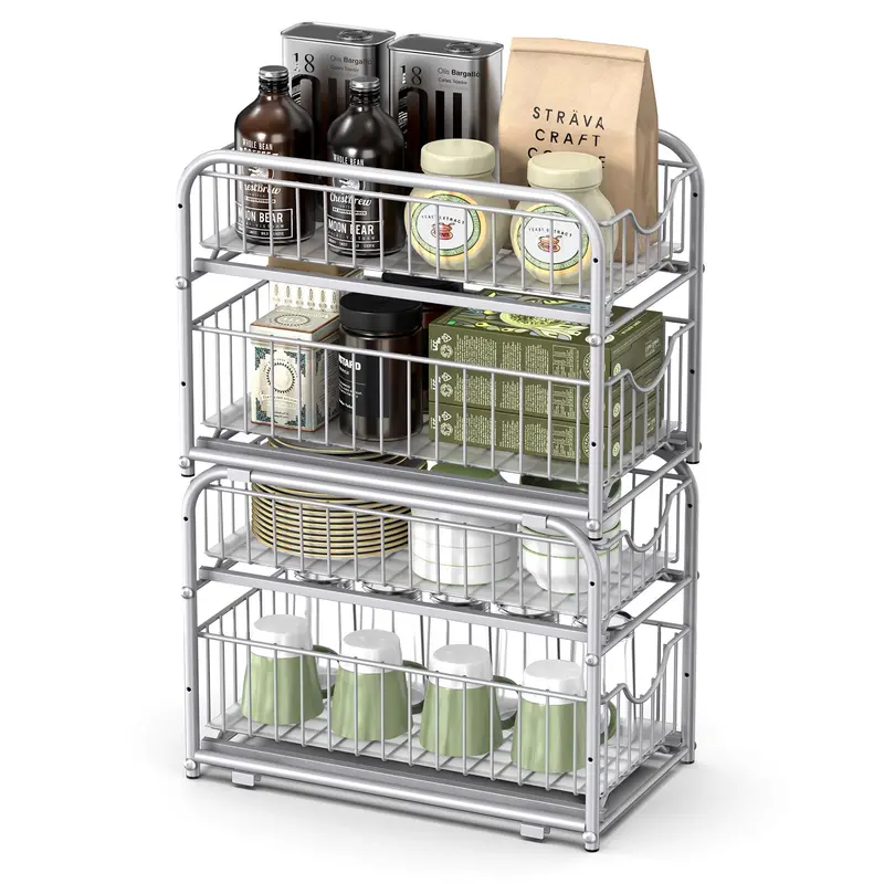 2-Piece Stackable Sliding Basket Organizer Set – Silver Metallic Under-Sink Storage For Kitchen & Bath 1