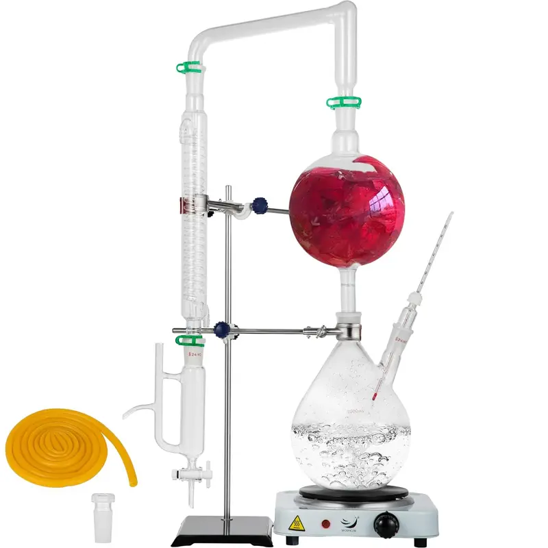 2L Lab-Scale Essential Oil Distillation Kit: Complete Glassware Set With Heating Base, Liebig Condenser, And Standardized Joints (S35/24/40) 1
