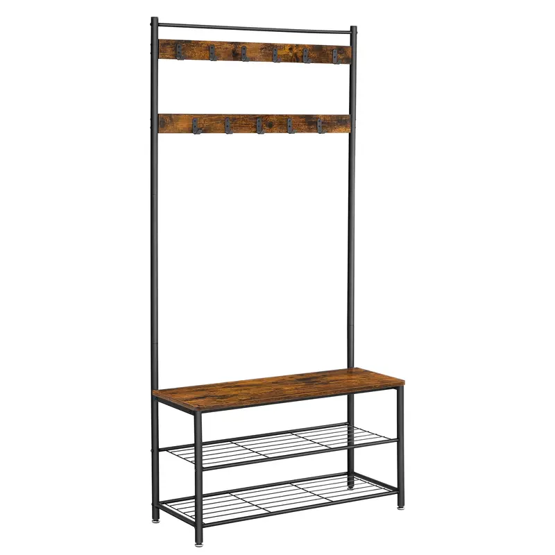 3-In-1 Steel Coat Rack – Rustic Brown & Black Hall Tree With Bench, Hooks, And Shoe Storage 1