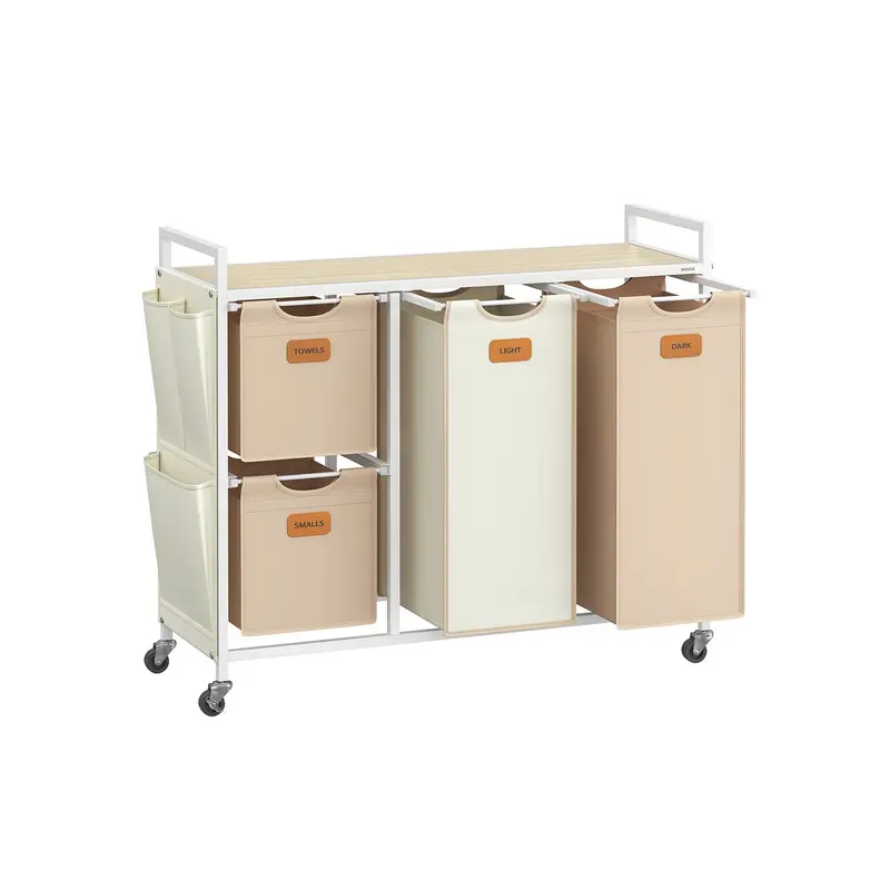 4-Compartment Rolling Laundry Hamper Cart In Natural Beige, Camel Brown & Cream White 1