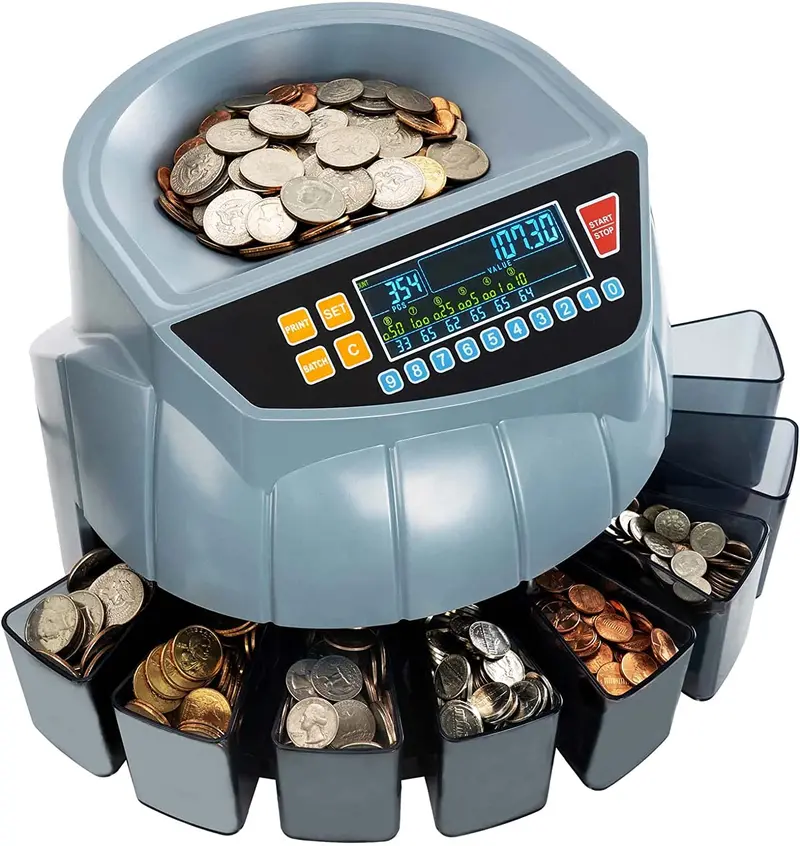 6-Bin Coin Counter & Sorter – 250 Coins/Min, Printer-Ready, Tube & Roller Integration 1