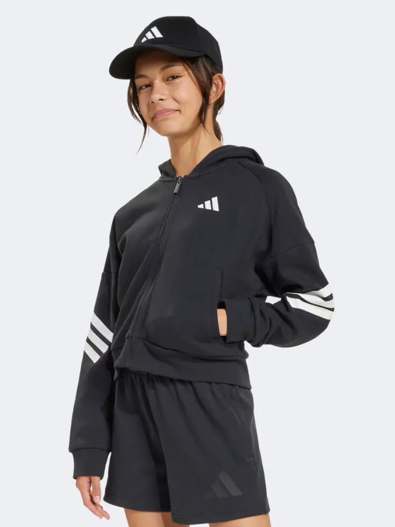 Adidas Future Icons Black & White Girls' 3-Stripes Hoodie 1