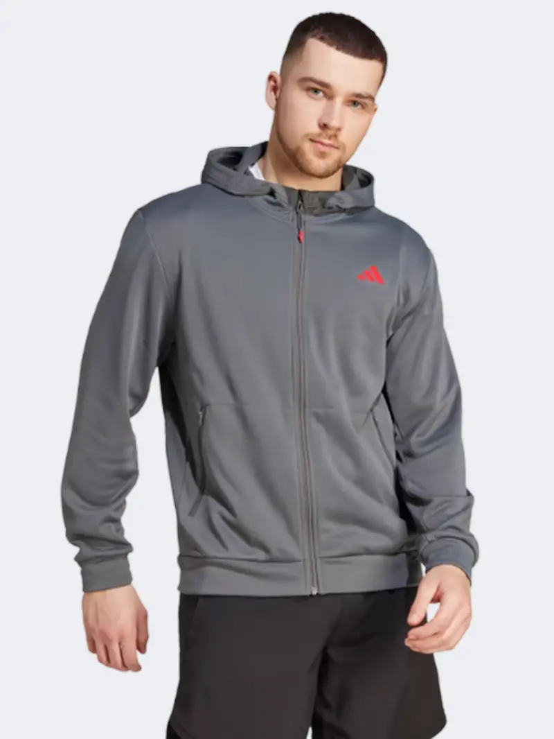 Adidas Men'S Essentials Full-Zip Training Hoodie In Grey Five 1