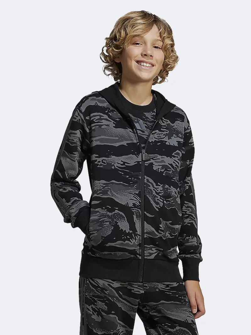 Adidas Seasonal Essentials Camo Full-Zip Boys' Hoodie – Black/Grey Five 1