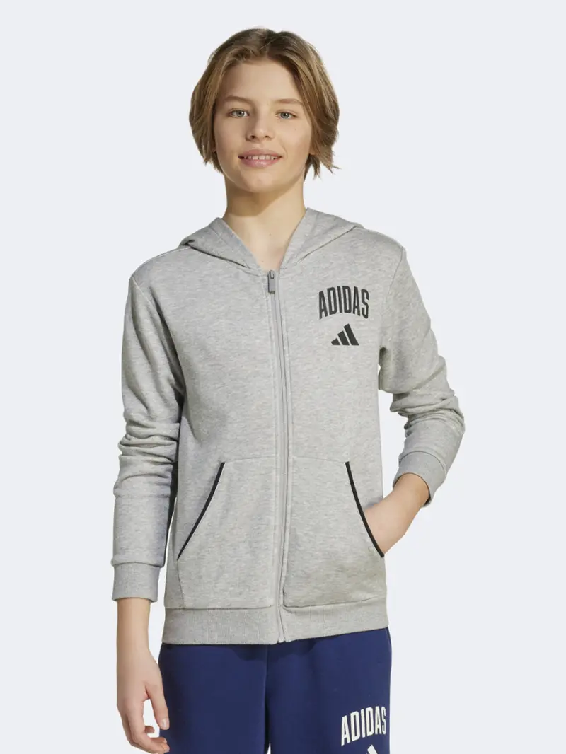 Adidas Seasonals Collegiate Kids' Boys Hoodie – Grey & Black Full-Zip 1