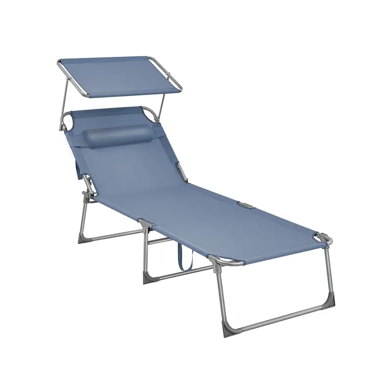 Adjustable Folding Sun Lounger – Misty Blue Fabric Recliner With Built-In Sunshade And Multiple Backrest Angles 1