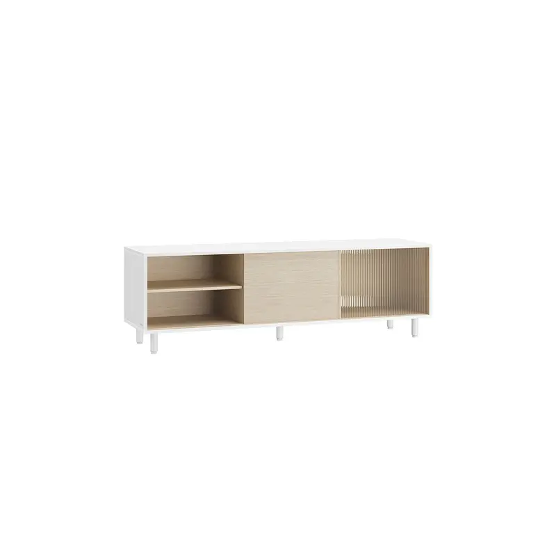 Ash Brown & Ink Black Modern Tv Stand With Fluted Glass Accents And Open Shelving 2