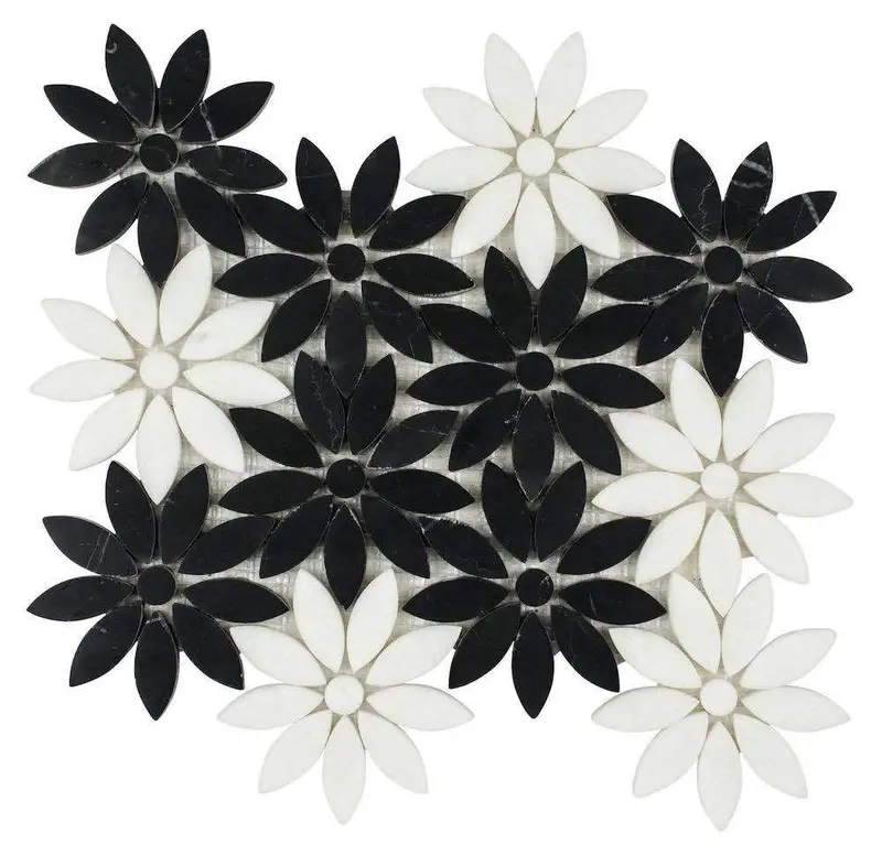 Black-And-White Waterjet-Cut Flower Stone Mosaic Tile – Classic Contrast 1