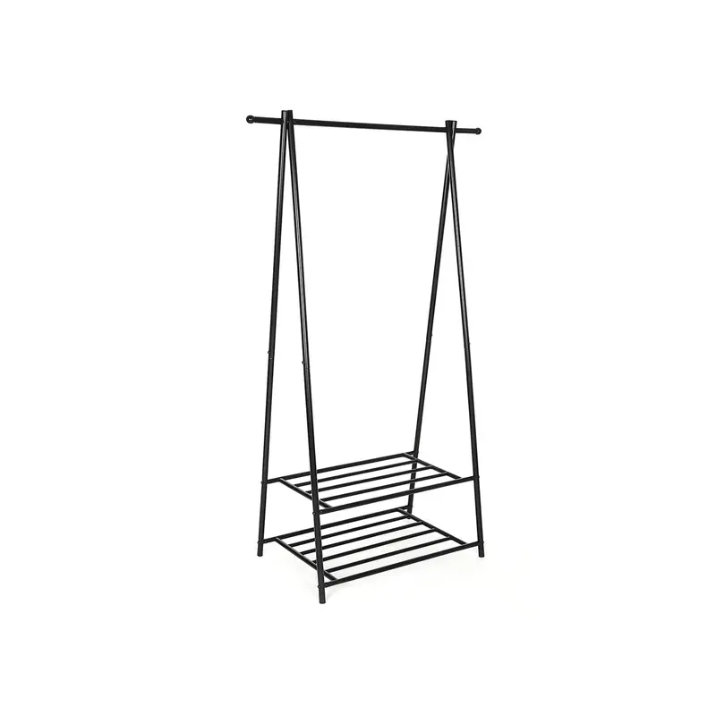 Black Metal 2-Tier Entryway Coat Rack – Includes Shoe Shelf & Hat Hooks 1