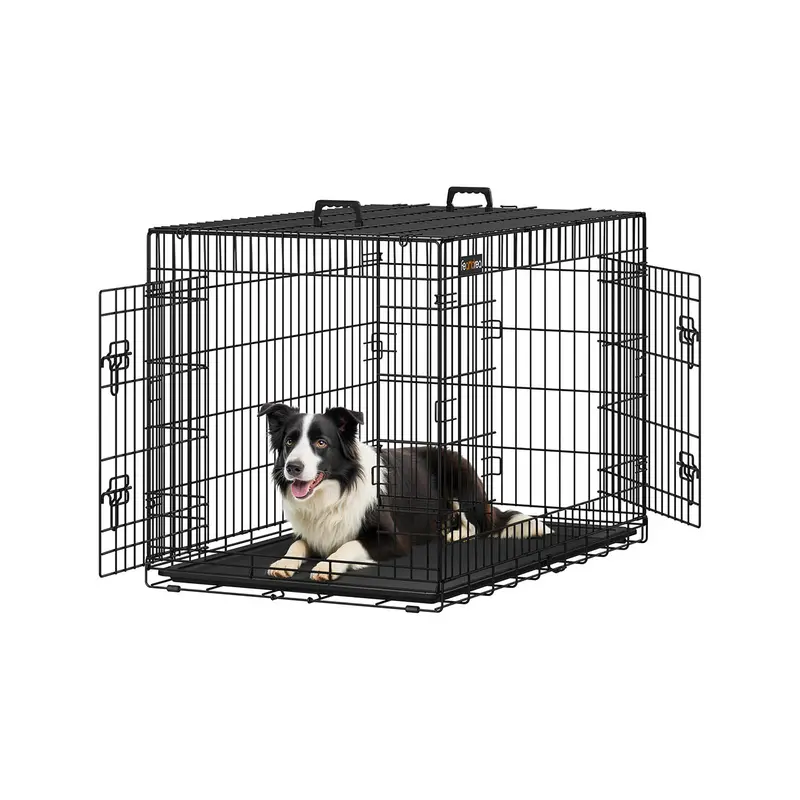 Black Metal Foldable Dog Crate – Xxl Dimensions (106 X 77.5 X 70 Cm), Dual-Door Design With Tray 1