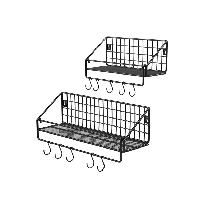 Black Metal Wall-Mounted Shelves (Set Of 2) – Includes Hooks, 15 Kg Load Capacity Per Shelf 1