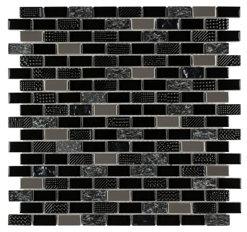Black Mini Brick Glass Tile With Stainless Steel Accents 1