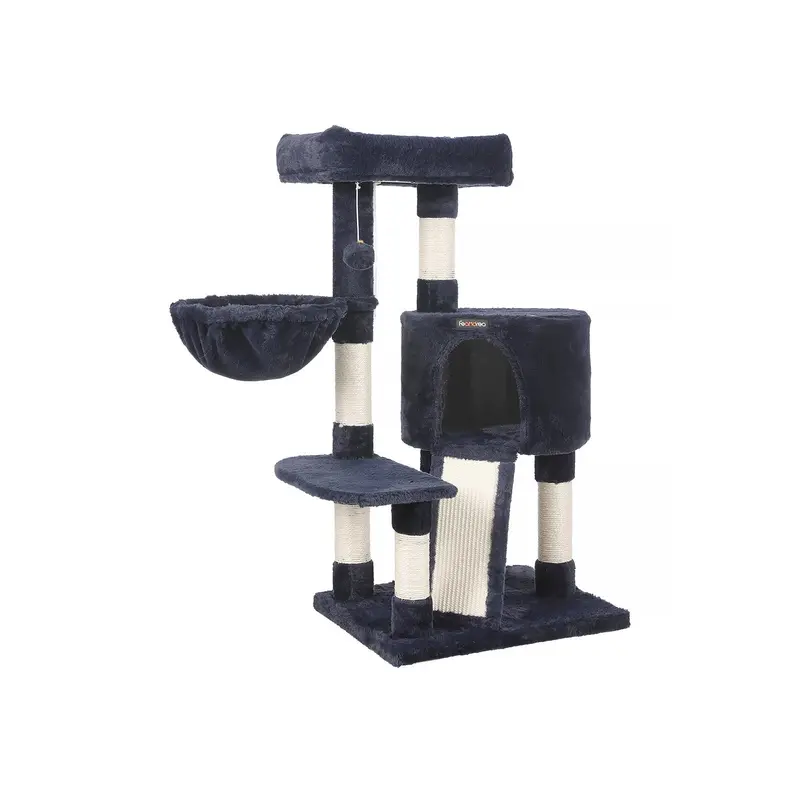 Blue Plush Cat Tower – 104 Cm Tall With Hammock, Pom-Pom Toys, And Tiered Platforms 1