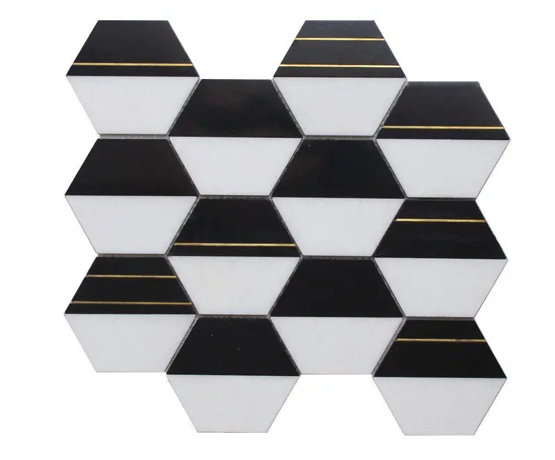 Brass-Gold Hexagon Mosaic – Black And White Carrara Blend 1
