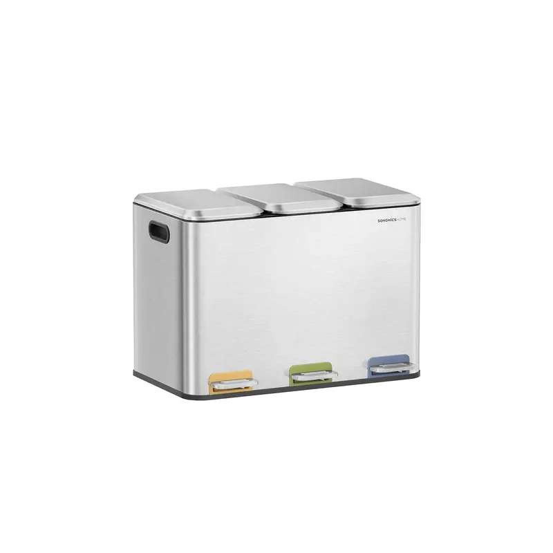 Cloud White Triple Waste Bin – Stainless Steel With Colour-Coded Pedals For Easy Recycling 2