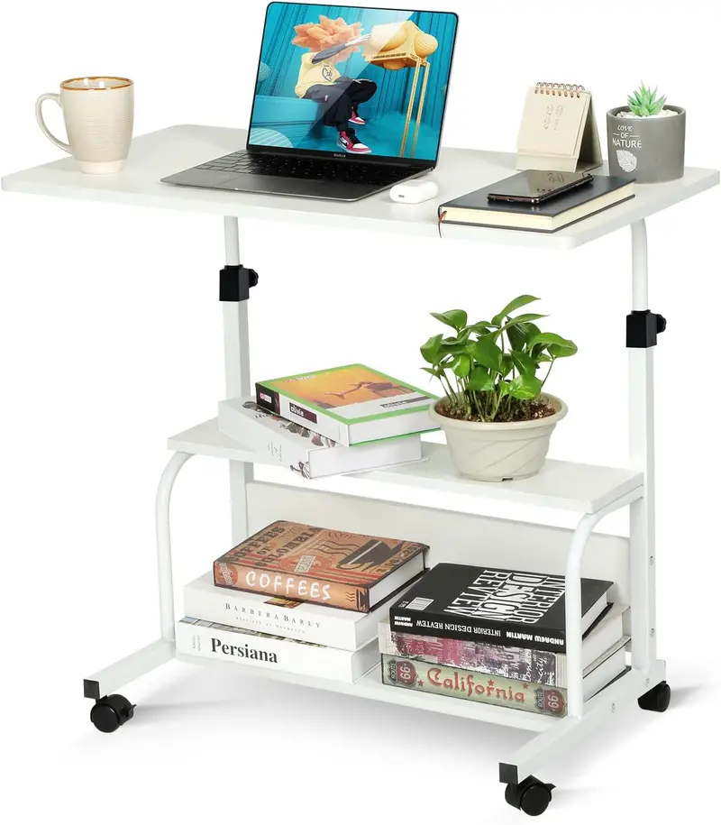 Compact Rolling Study Desk: Rustic-Finish Adjustable Laptop Stand On Casters For Tight Home Offices 4