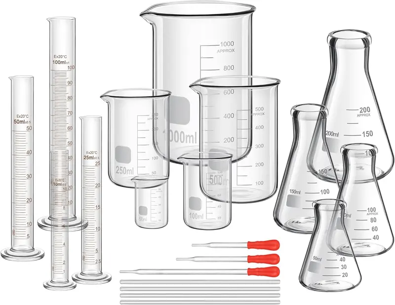 Comprehensive 20-Piece Chemistry Lab Glassware Set: Beakers, Graduated Cylinders, Droppers, Stirrers, Measuring Cups & More 1