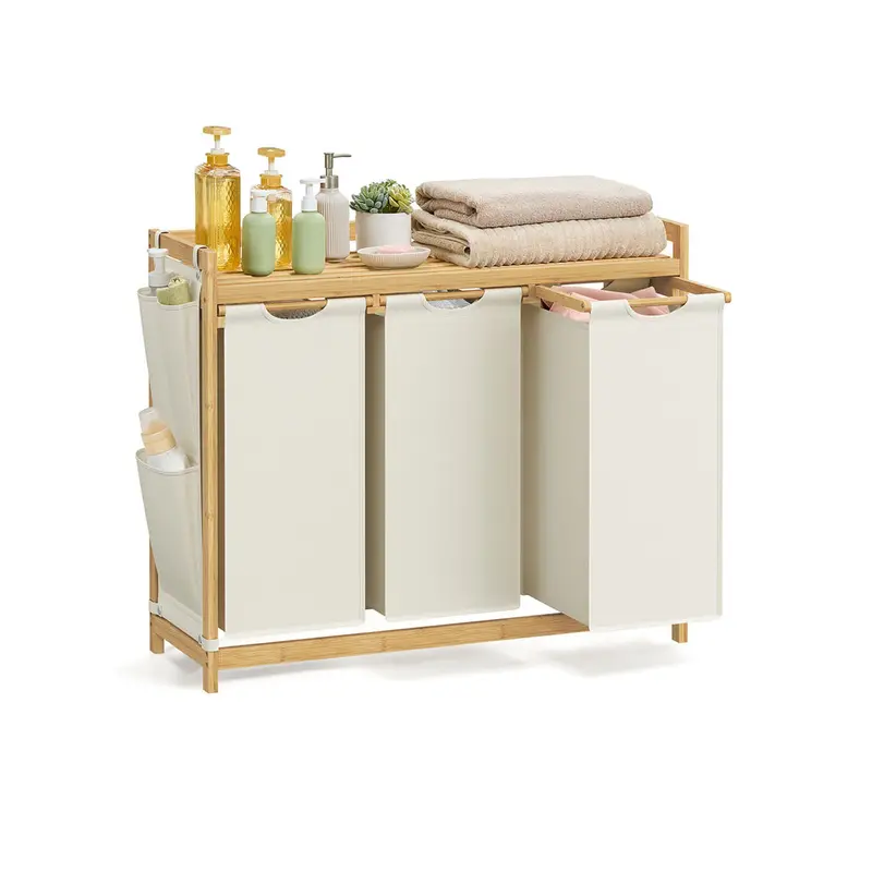 Cream-White 3-Section Laundry Hamper – 150L Capacity With Shelf & Side Pockets 1
