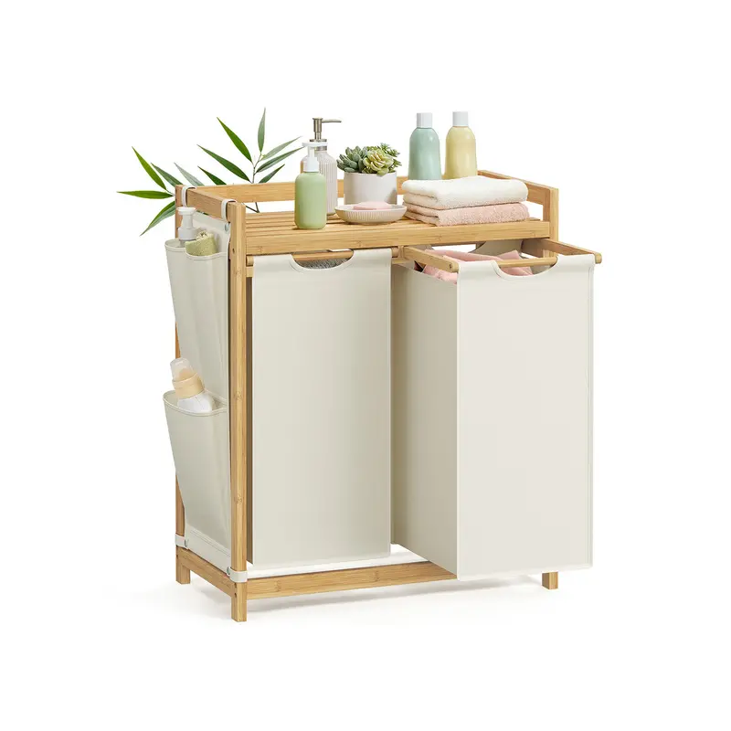 Cream-White Fabric Laundry Basket With Dual Compartments, Built-In Shelf & Side Pockets – 100L Capacity 1