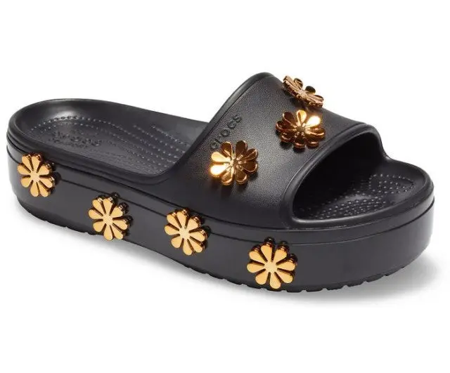 Crocs Cb Platform Metallic Blooms Slide – Unisex Black Slippers 1