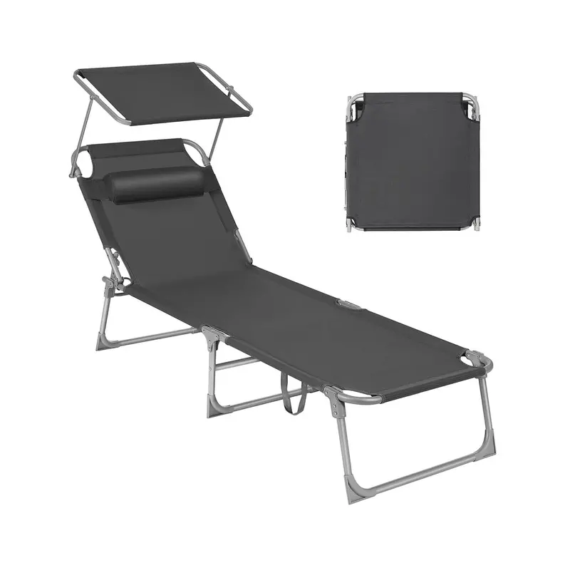 Dark Grey Fabric Sun Lounger – Ergonomic Reclining Design With Head Support And Uv-Resistant Shade 1