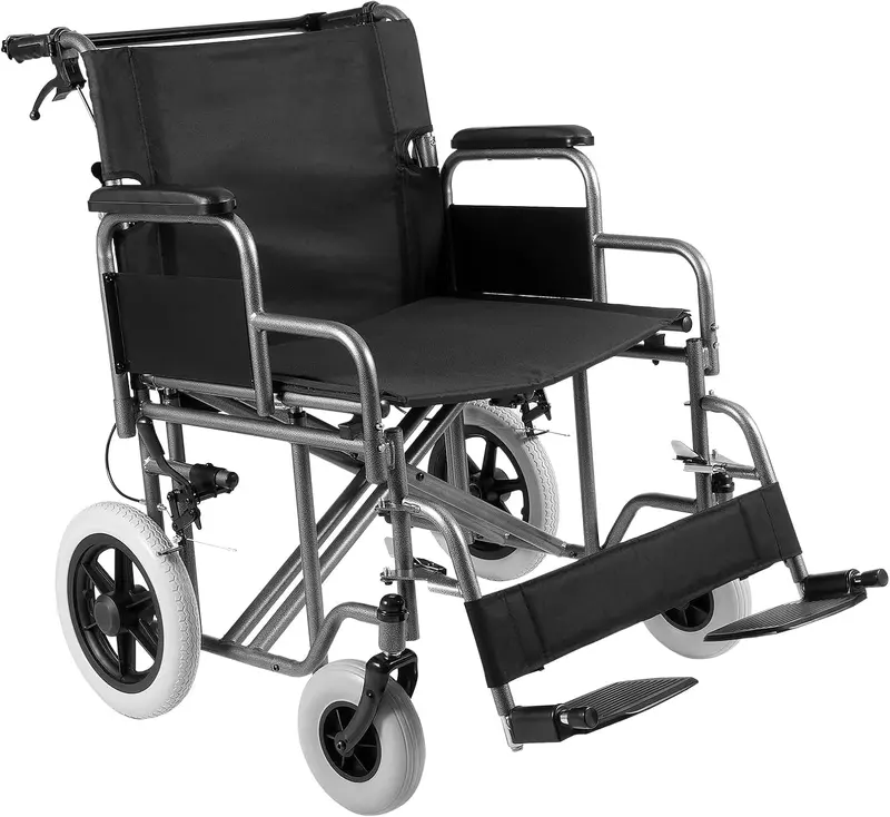 Durable Carbon Steel Foldable Wheelchair – Wide 24" Seat, 300 Lb Weight Limit, Detachable Arms & Safety Brakes 1