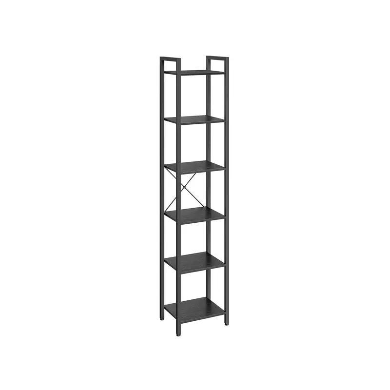 Ebony Black Open-Design 6-Tier Bookshelf – Particle Board Construction, Minimalist Style 1