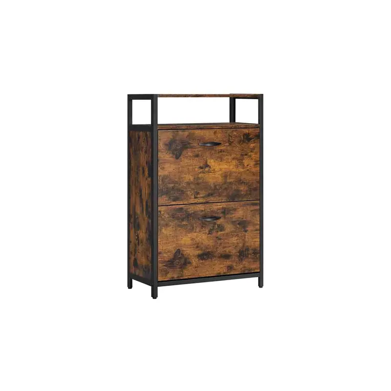 Engineered Wood Shoe Cabinet – Rustic Brown & Black, 3 Flip Doors + Open Storage 1