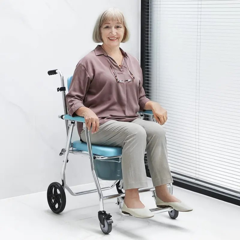 Folding Shower Commode Wheelchair – Mobile Beside Toilet Chair With Rollable Support 1