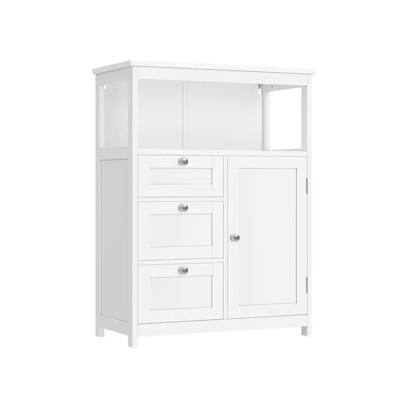 Freestanding Bathroom Cabinet – White Wood, 3 Drawers & Adjustable Shelf 1