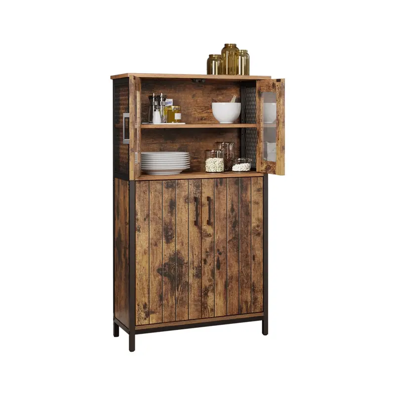 Glass-Front Tall Storage Cabinet – Steel Frame In Rustic Brown & Black With Adjustable Interior 1