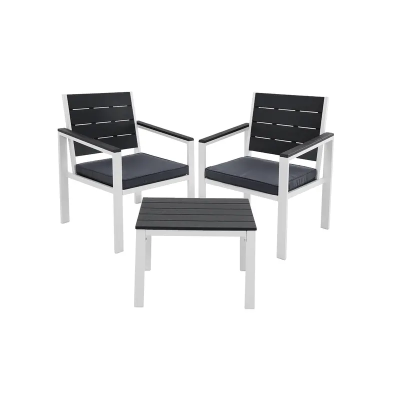 Grey And White Iron Patio Set – 2-Seat + Side Table Ensemble With Coordinating Cushions 1