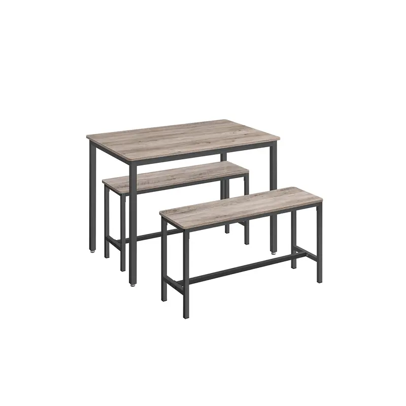Heather Greige & Ink Black Dining Set – Steel-Frame Industrial Table With Two Benches 1