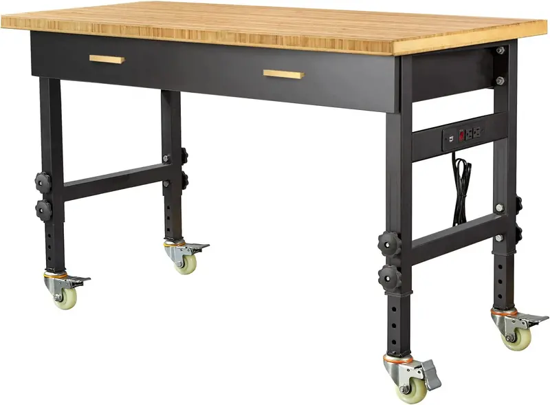 Heavy-Duty Garage Workbench – 2700Lb Load Capacity, Bamboo Top, Adjustable Height & Built-In Power Strip 1