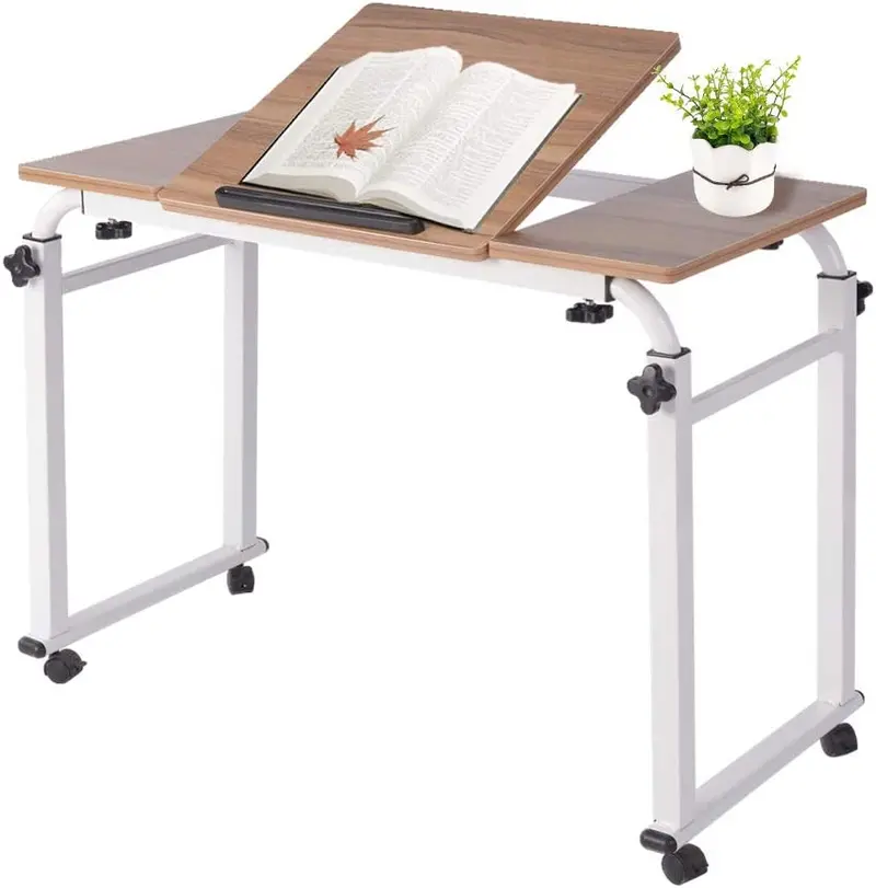 Height-Adjustable Rolling Overbed Table — Modern Laptop Cart With Ancient Oak Finish (31.5") 1