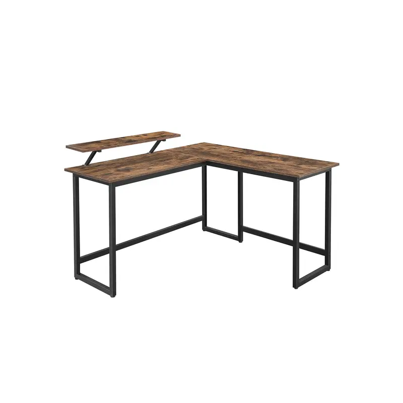 Industrial L-Shaped Desk – Wood & Metal Construction In Rustic Brown/Black With Monitor Stand 1