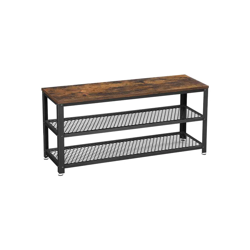 Industrial Steel Shoe Bench – Rustic Brown & Black, Dual-Shelf Design 1