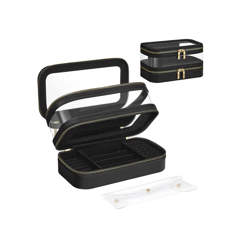 Ink Black Fabric Makeup Bag – Compact Travel Case With Detachable Brush Pouch 1