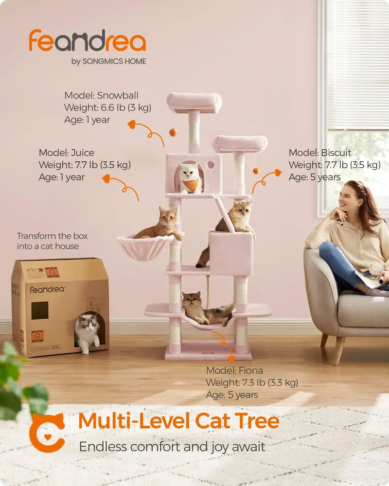 Jelly-Pink Wooden Cat Tree – Multi-Level Tower With 13 Sisal Scratching Posts 1