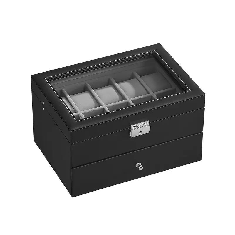 Large 24-Slot Watch Display Case – Sleek Black Pu Exterior, Soft Velvet Lining, And Crystal-Clear Glass Lid 1