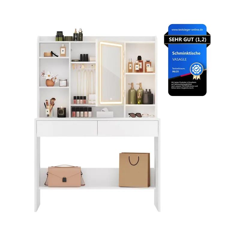 Led Dressing Table With Mirror – Cloud White Wood, Spacious Storage 1