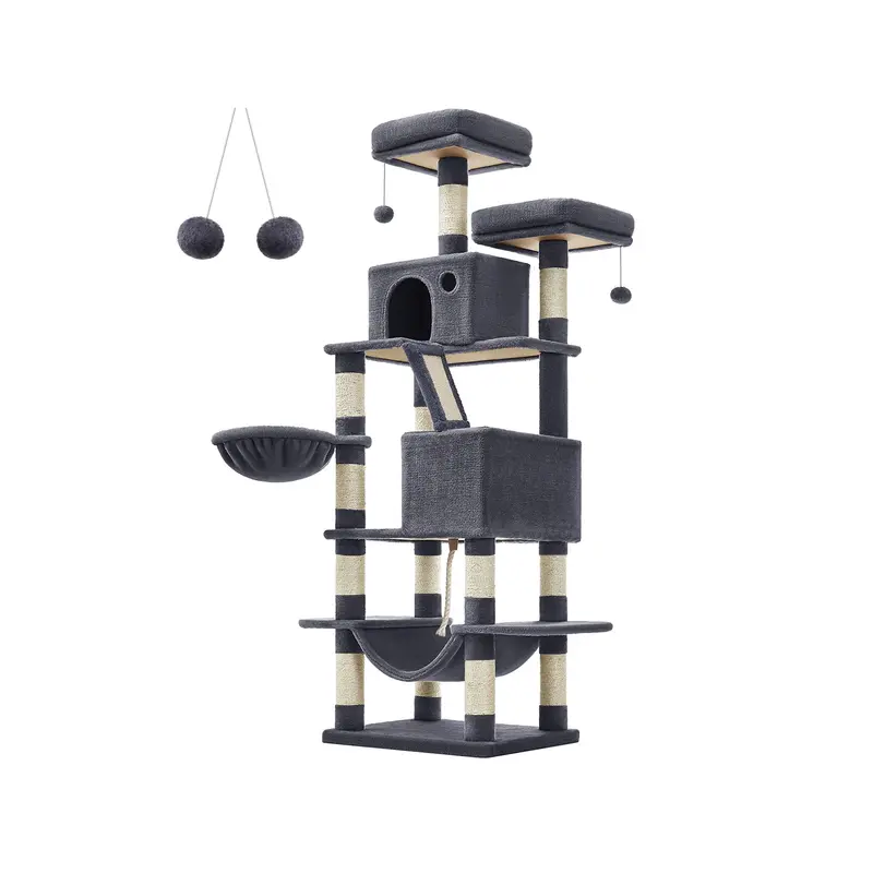 Light-Grey Engineered Wood Cat Tower – 13-Post Scratching Center With Platform & Hideaway 1