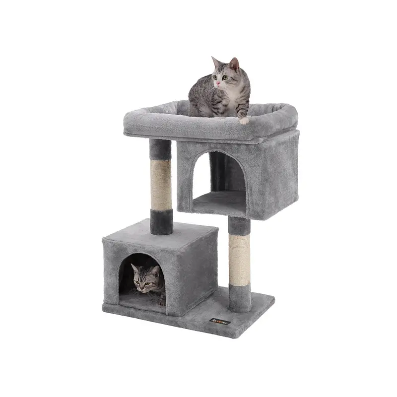 Light Grey Engineered Wood Cat Tower – Dual Caves And Spacious Upper Perch 1
