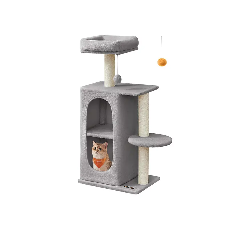 Light Grey Engineered Wood Cat Tower – Multi-Cat Friendly With 2 Caves And Dual Scratching Posts 1