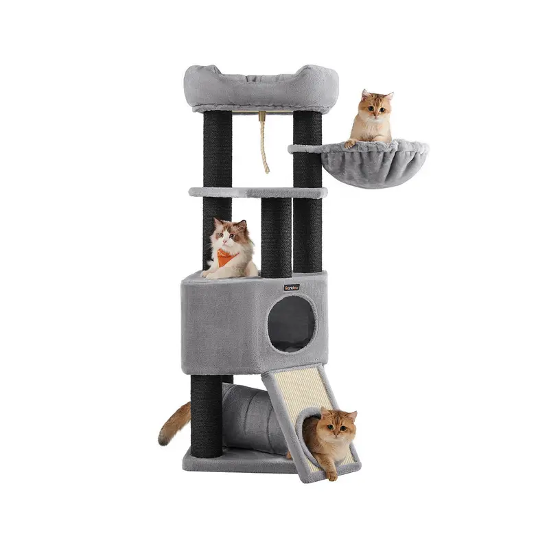 Light-Grey Plush Cat Tower – Stable Multi-Function Design With Perch, Lounger Basket & Cuddle Cave 1