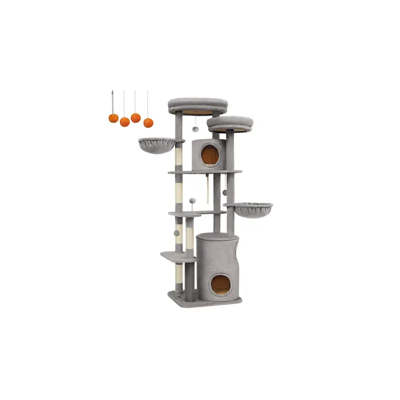 Light Grey Plush Multi-Level Cat Tower – 2 Perches, 3 Enclosed Caves, And Soft Platform Beds 1
